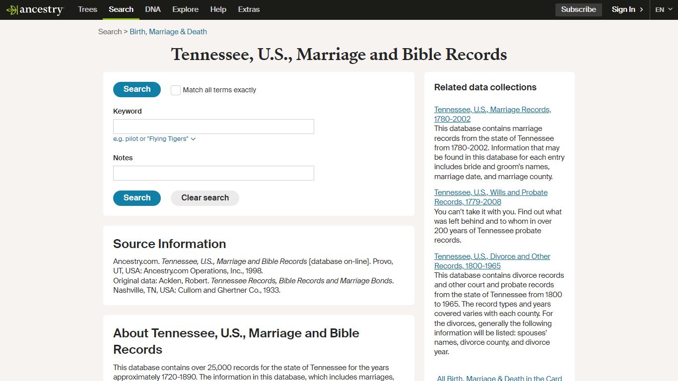 Tennessee, U.S., Marriage and Bible Records - Ancestry.com